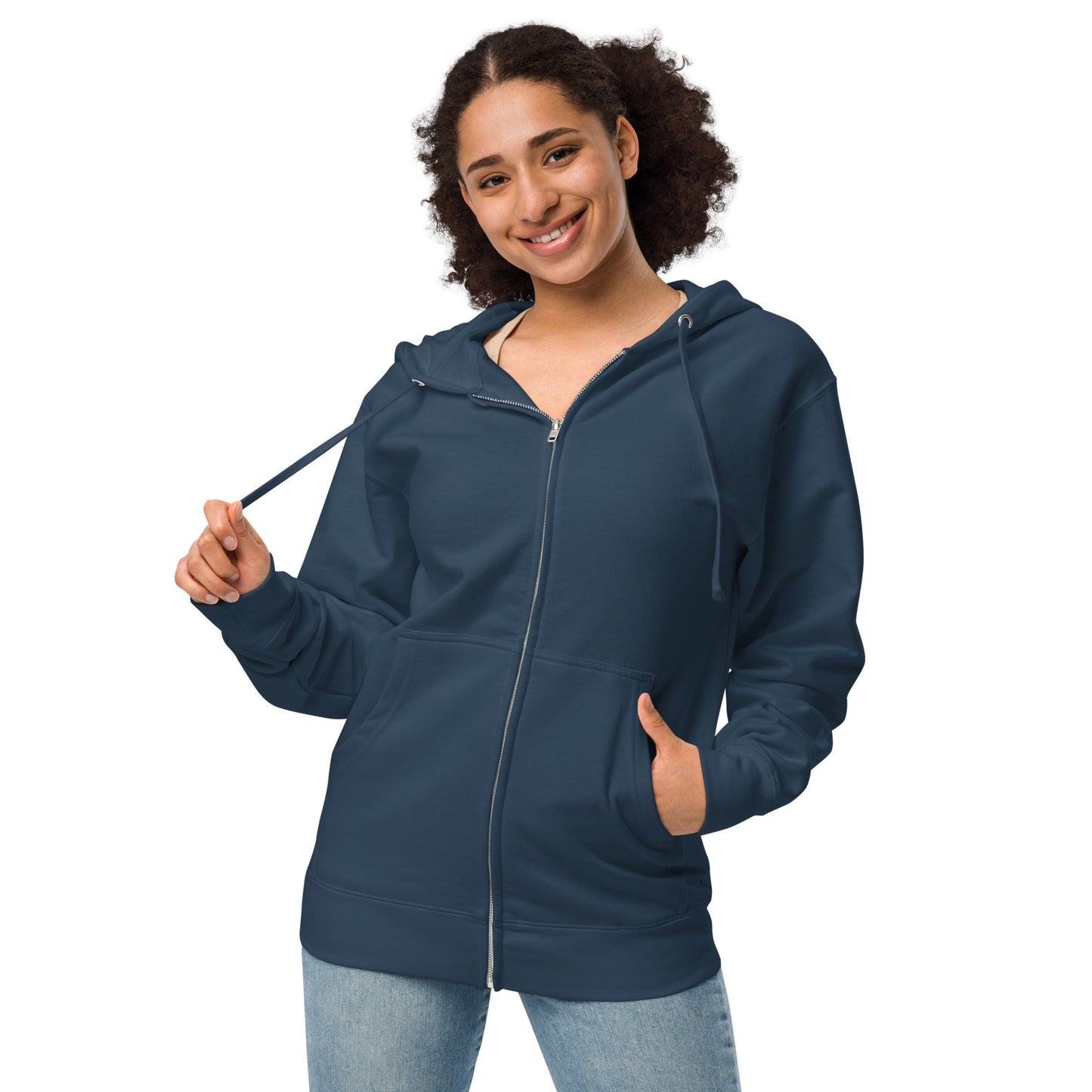 Navy blue colored unisex fleece zip-up hoodie. Features a back design of Nikolai the root beer float fuzzy noodle dragon. Front view on female model.
