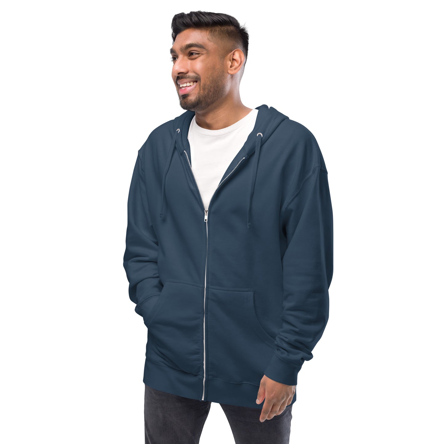 Unisex fleece-lined zip-up navy blue colored hoodie. Features original watercolor painting of a fennec fox in the desert on the back of the hoodie. Image shows male model from the front with hoodie zipped up.