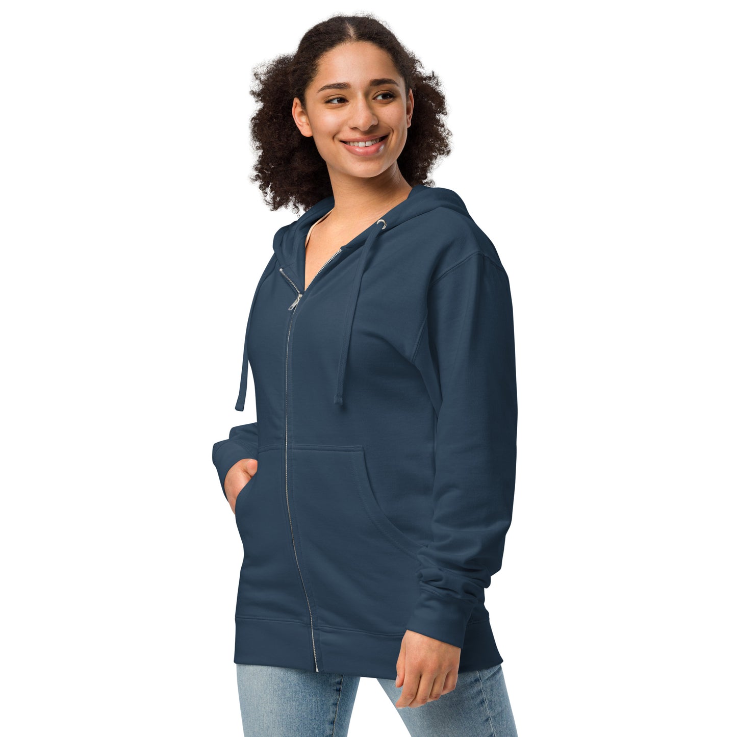 Unisex fleece-lined navy blue colored zip-up hoodie with silently judging text by black crow wearing a monocle in a square with blue paint splatters.  Design on the back of hoodie. Image shows front of hoodie zipped up on female model.
