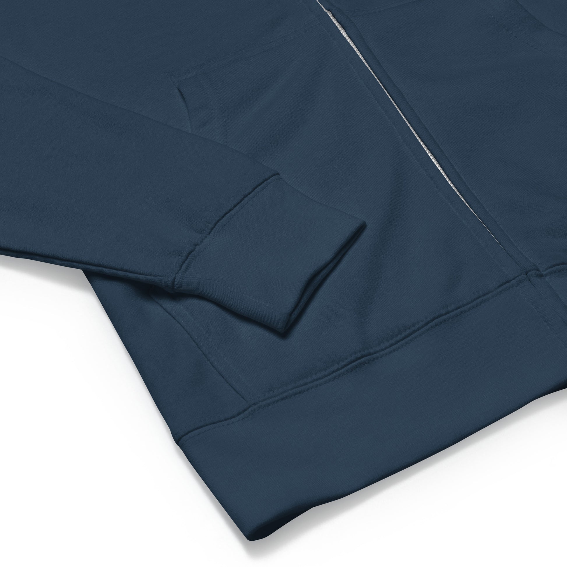 Unisex fleece zip up hoodie navy color details. Metal zipper, ribbed cuffs and bottom edge.