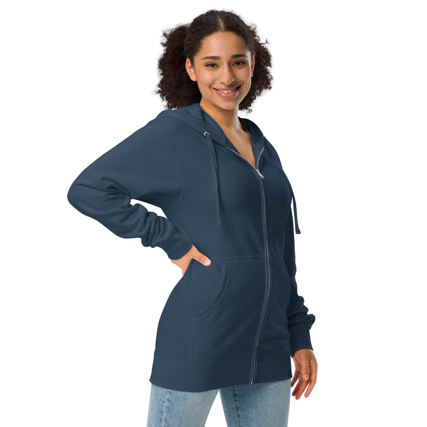 Dandelion wish design front of navy blue fleece zip up hoodie shown on female model
