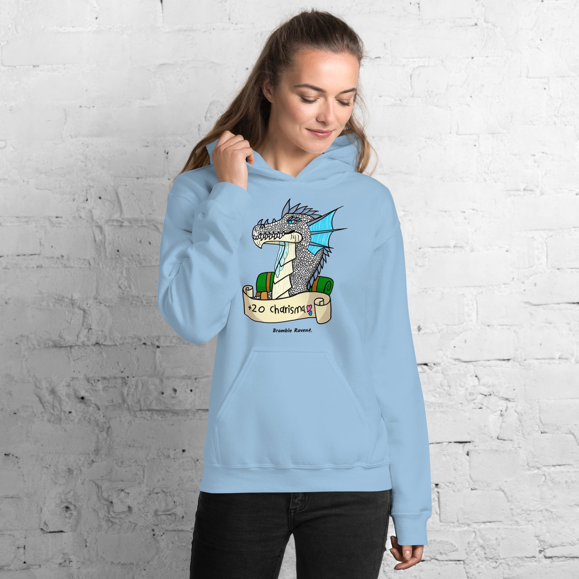 Original Bicycle the Bard dragon +20 Charisma design on unisex light blue colored hoodie. Shown on female model.