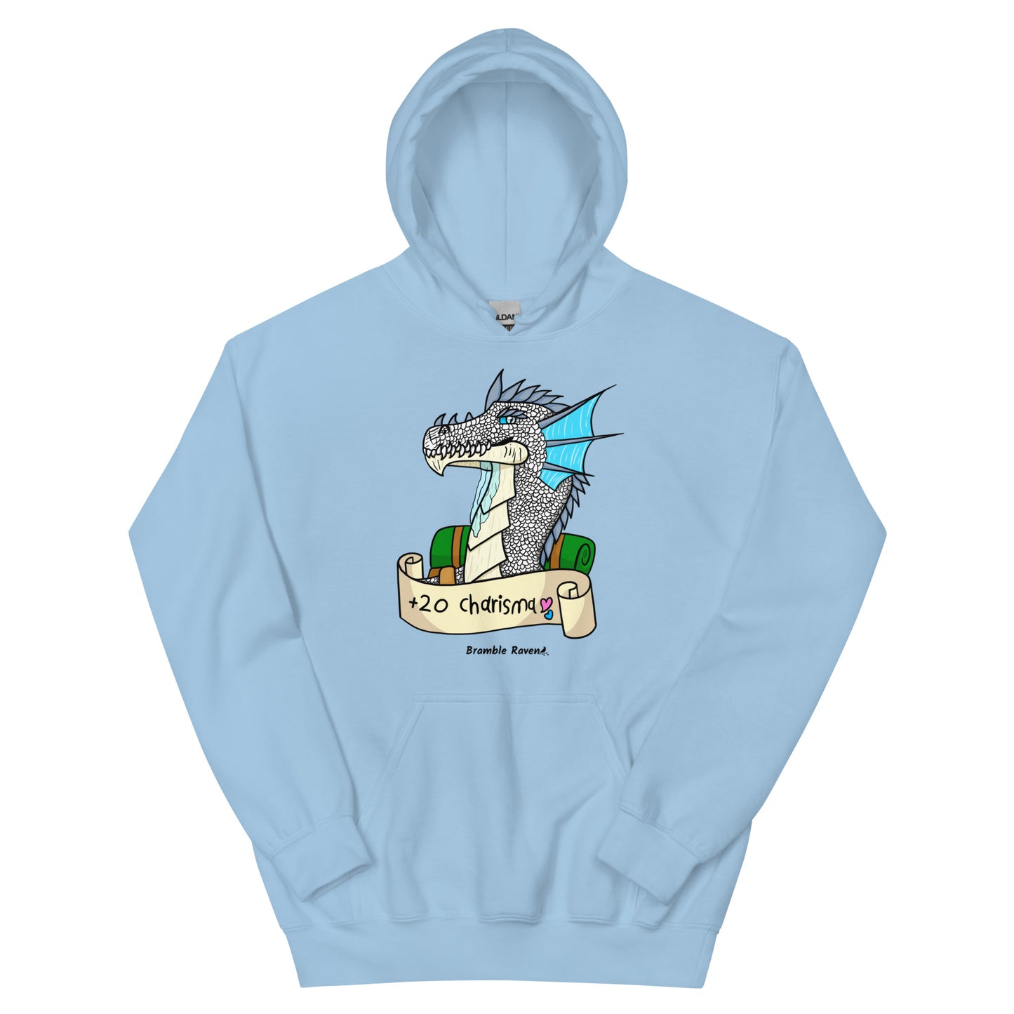 Original Bicycle the Bard dragon +20 Charisma design on unisex light blue colored hoodie.
