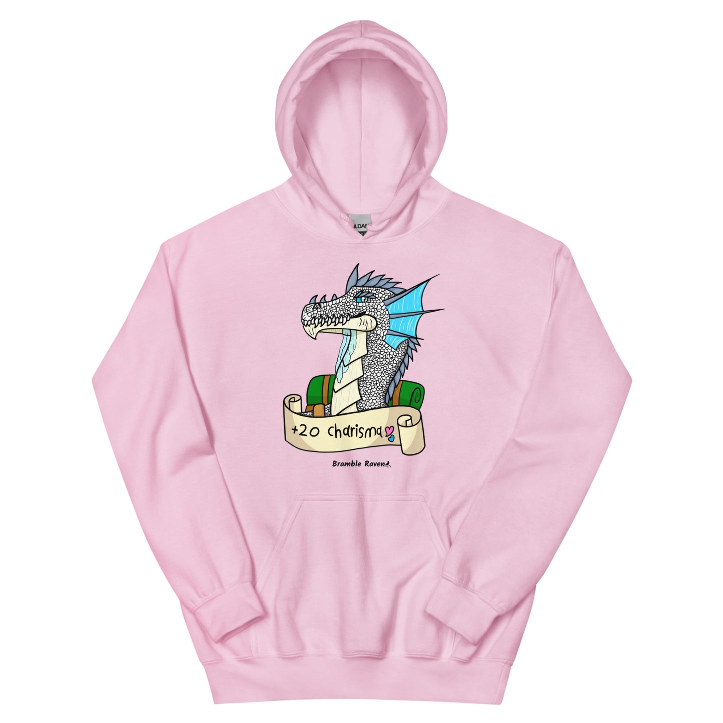 Original Bicycle the Bard dragon +20 Charisma design on unisex light pink colored hoodie.
