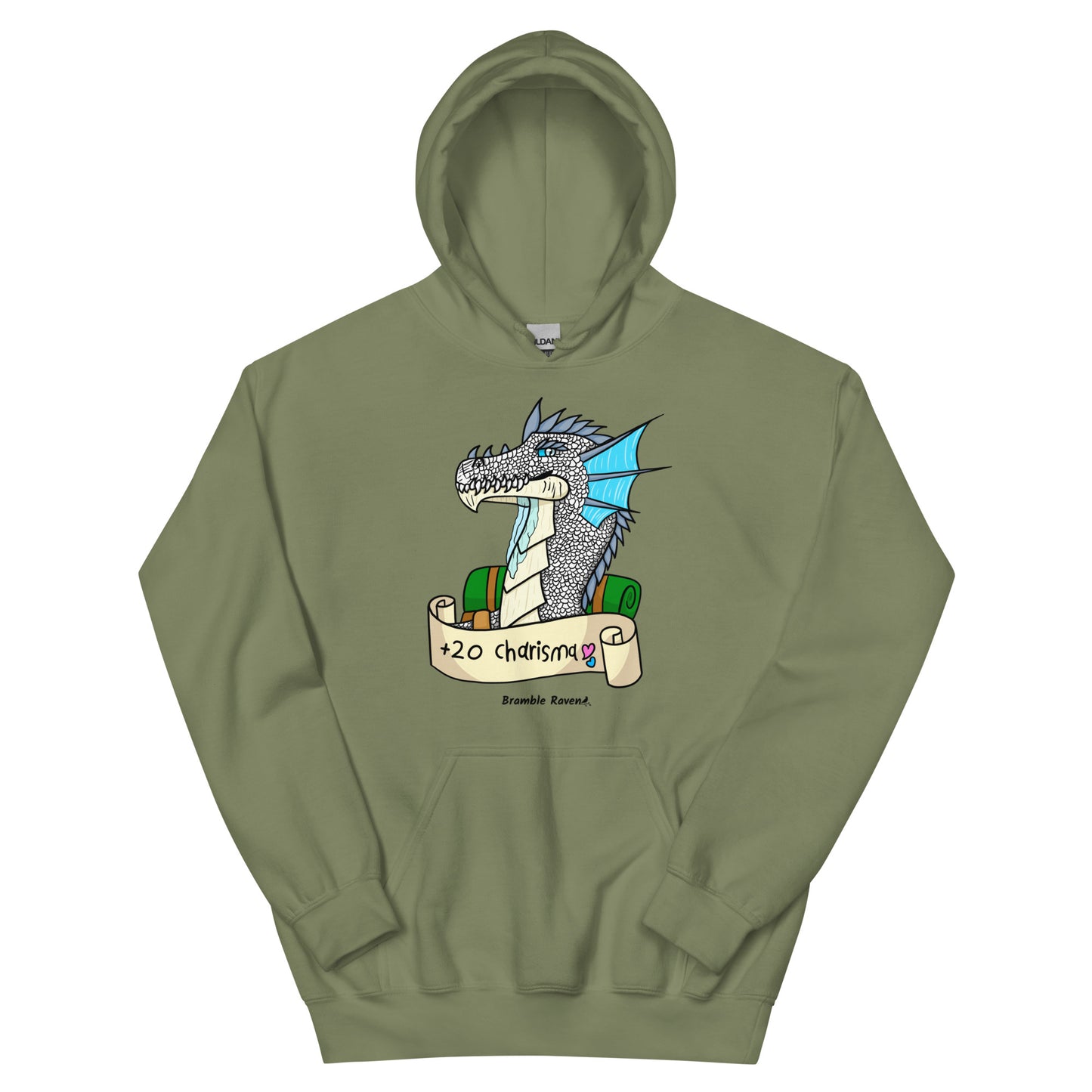 Original Bicycle the Bard dragon +20 Charisma design on unisex military green colored hoodie.