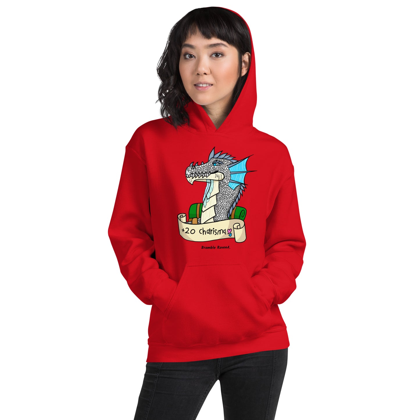 Original Bicycle the Bard dragon +20 Charisma design on unisex red colored hoodie. Shown on female model.