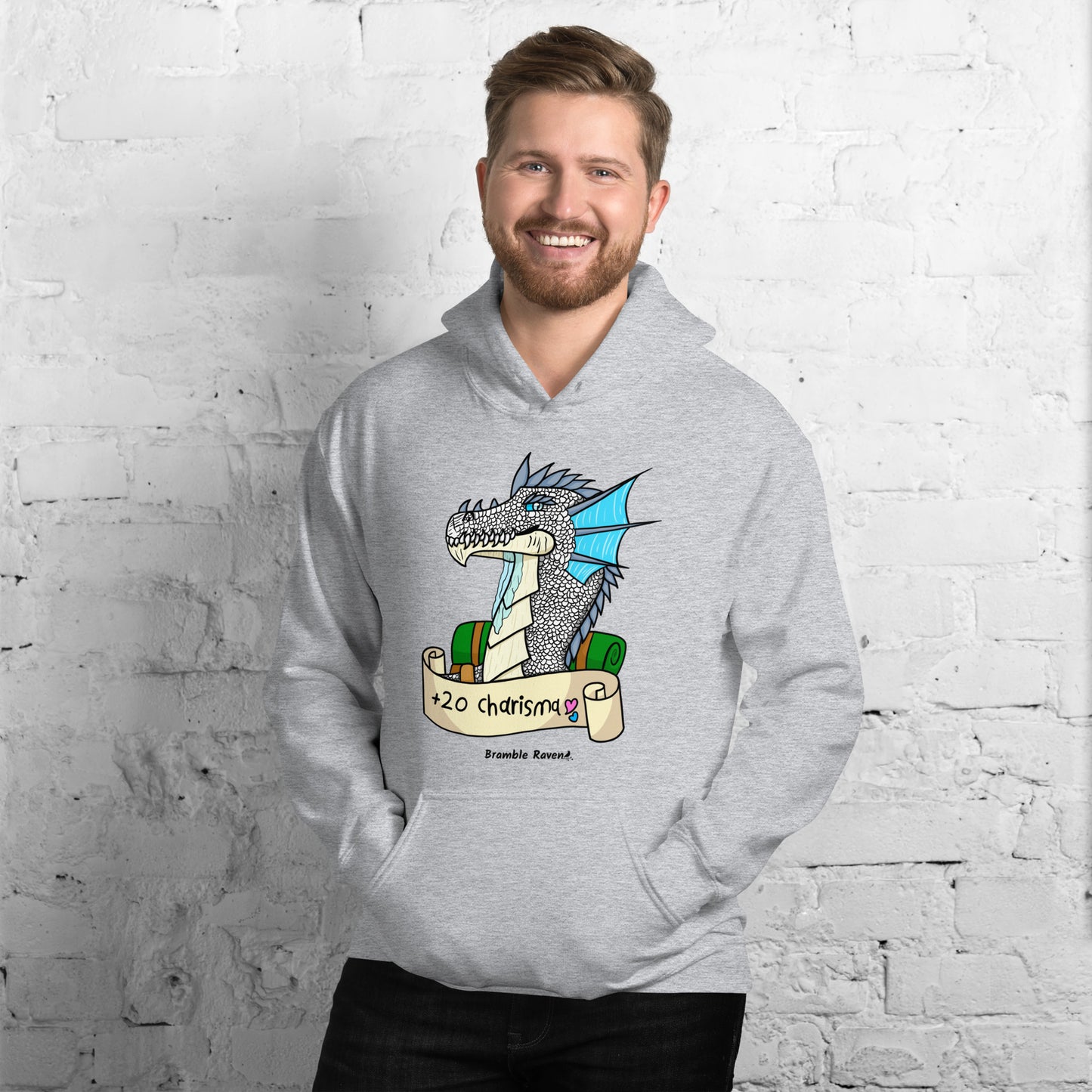 Original Bicycle the Bard dragon +20 Charisma design on unisex sport grey colored hoodie. Shown on male model.