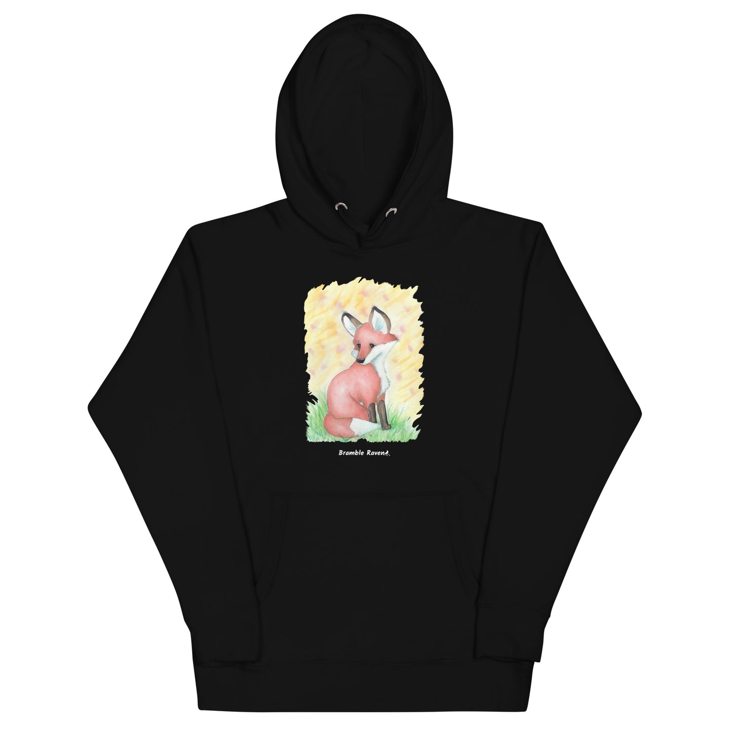 Unisex black colored hoodie. Features original watercolor painting of a fox in the grass against a yellow backdrop.