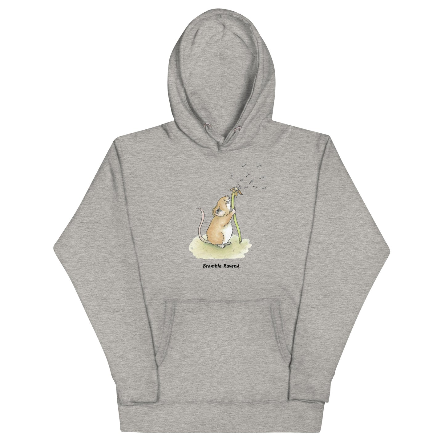 Original Dandelion wish design of cute watercolor mouse blowing dandelion seeds  featured on unisex carbon grey colored hoodie.