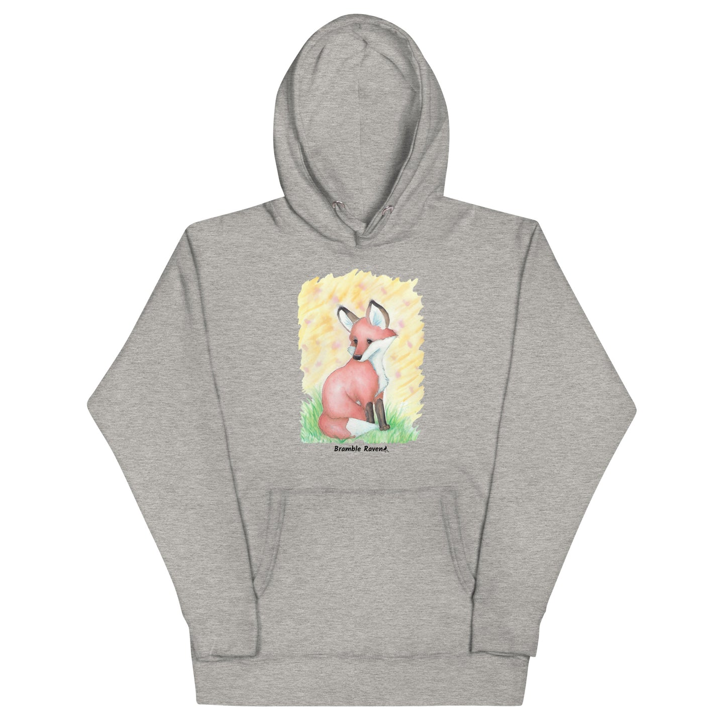 Unisex carbon grey colored hoodie. Features original watercolor painting of a fox in the grass against a yellow backdrop.