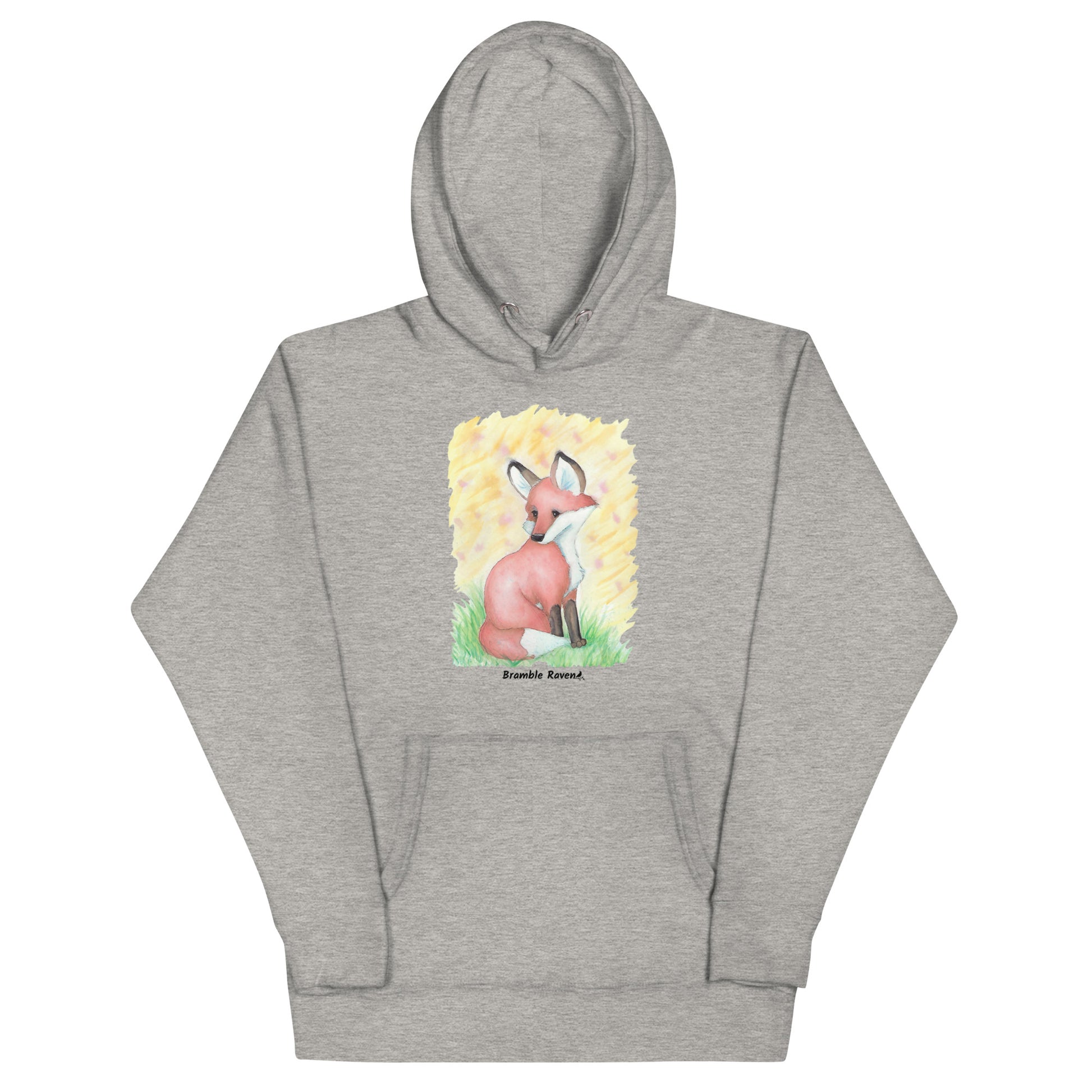 Unisex carbon grey colored hoodie. Features original watercolor painting of a fox in the grass against a yellow backdrop.
