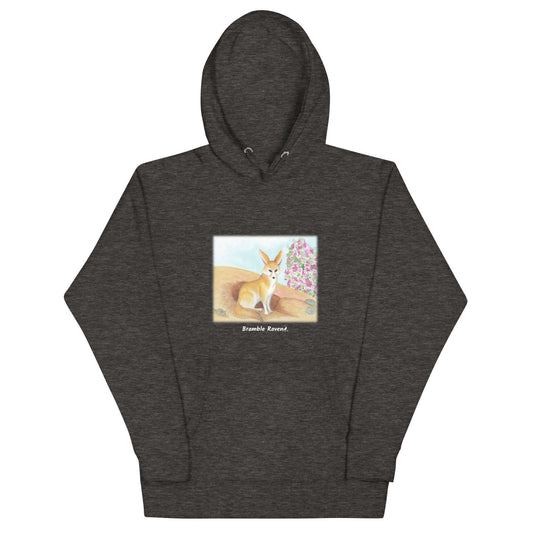 Unisex charcoal heather grey colored hoodie. Features original watercolor painting of a fennec fox in the desert on the front of the hoodie.