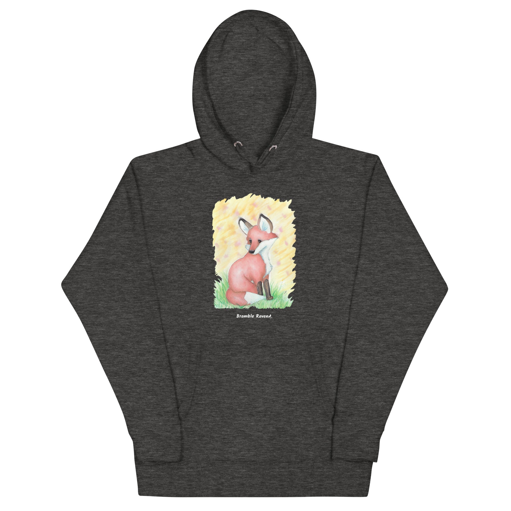 Unisex charcoal heather grey colored hoodie. Features original watercolor painting of a fox in the grass against a yellow backdrop.