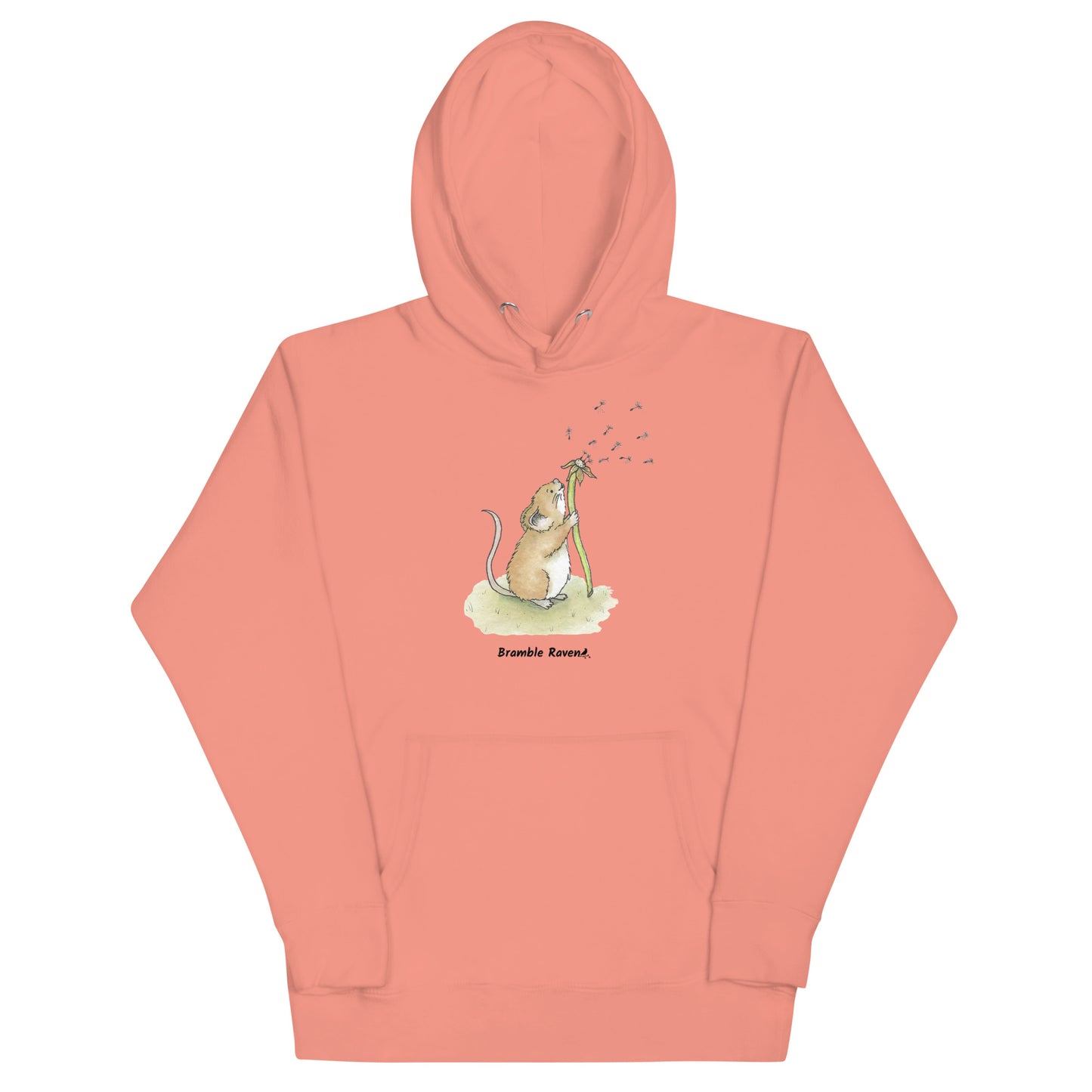 Original Dandelion wish design of cute watercolor mouse blowing dandelion seeds  featured on unisex dusty rose colored hoodie.