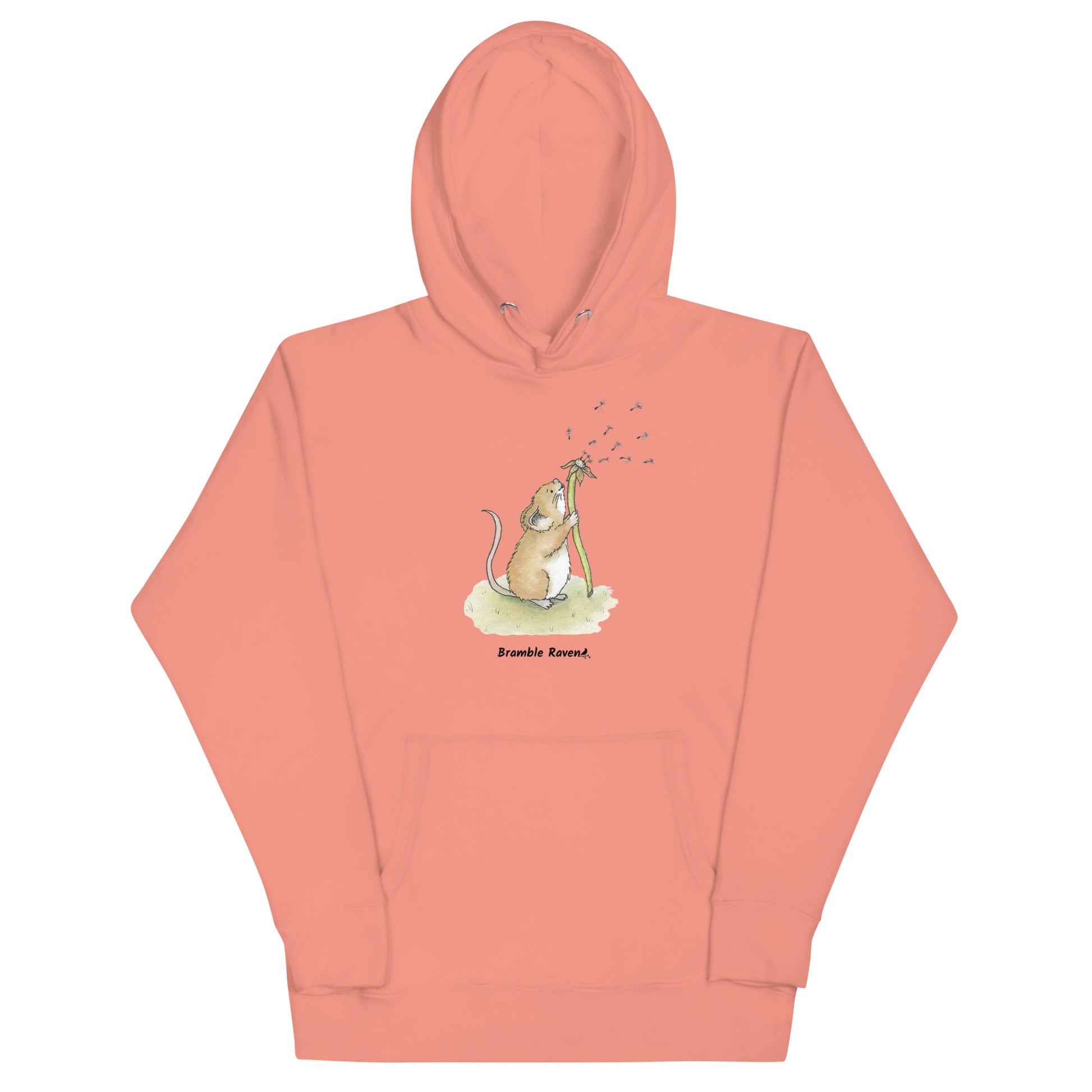 Original Dandelion wish design of cute watercolor mouse blowing dandelion seeds  featured on unisex dusty rose colored hoodie.