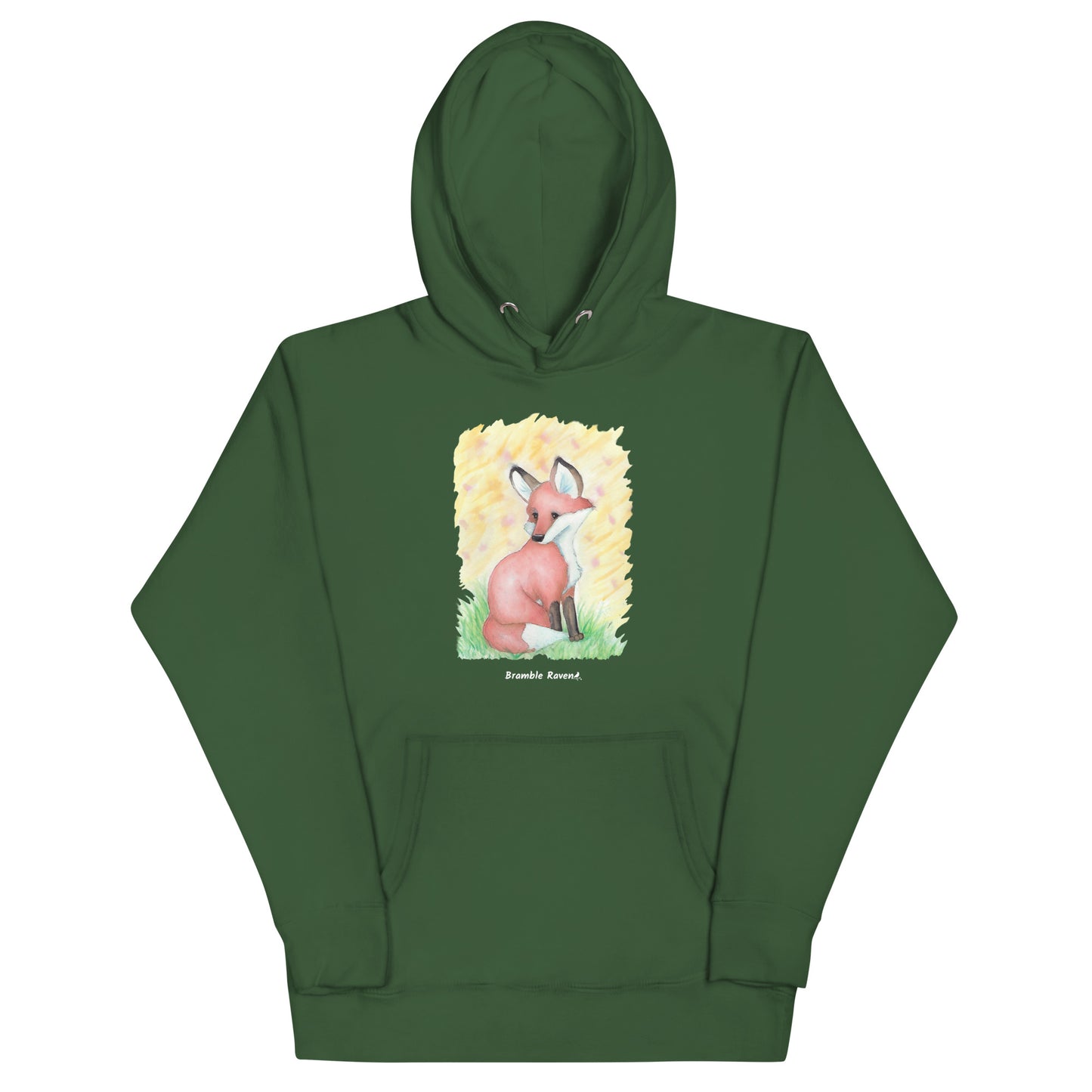 Unisex forest green colored hoodie. Features original watercolor painting of a fox in the grass against a yellow backdrop.