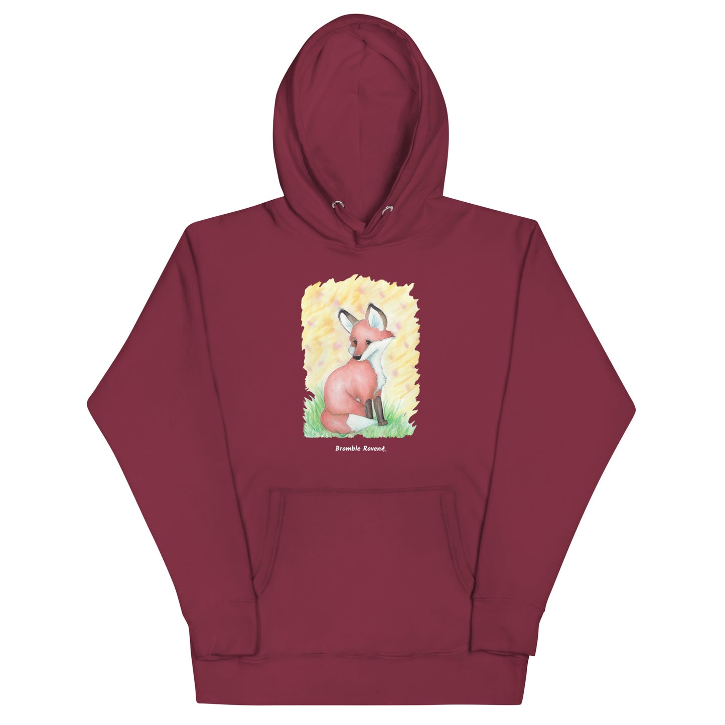 Unisex maroon colored hoodie. Features original watercolor painting of a fox in the grass against a yellow backdrop.