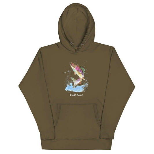 Unisex military green colored hoodie. Features original watercolor painting of a rainbow trout leaping from the water.