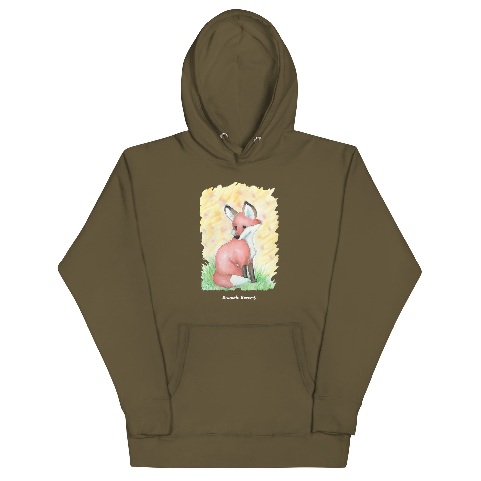 Unisex military green colored hoodie. Features original watercolor painting of a fox in the grass against a yellow backdrop.