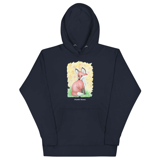 Unisex navy colored hoodie. Features original watercolor painting of a fox in the grass against a yellow backdrop.