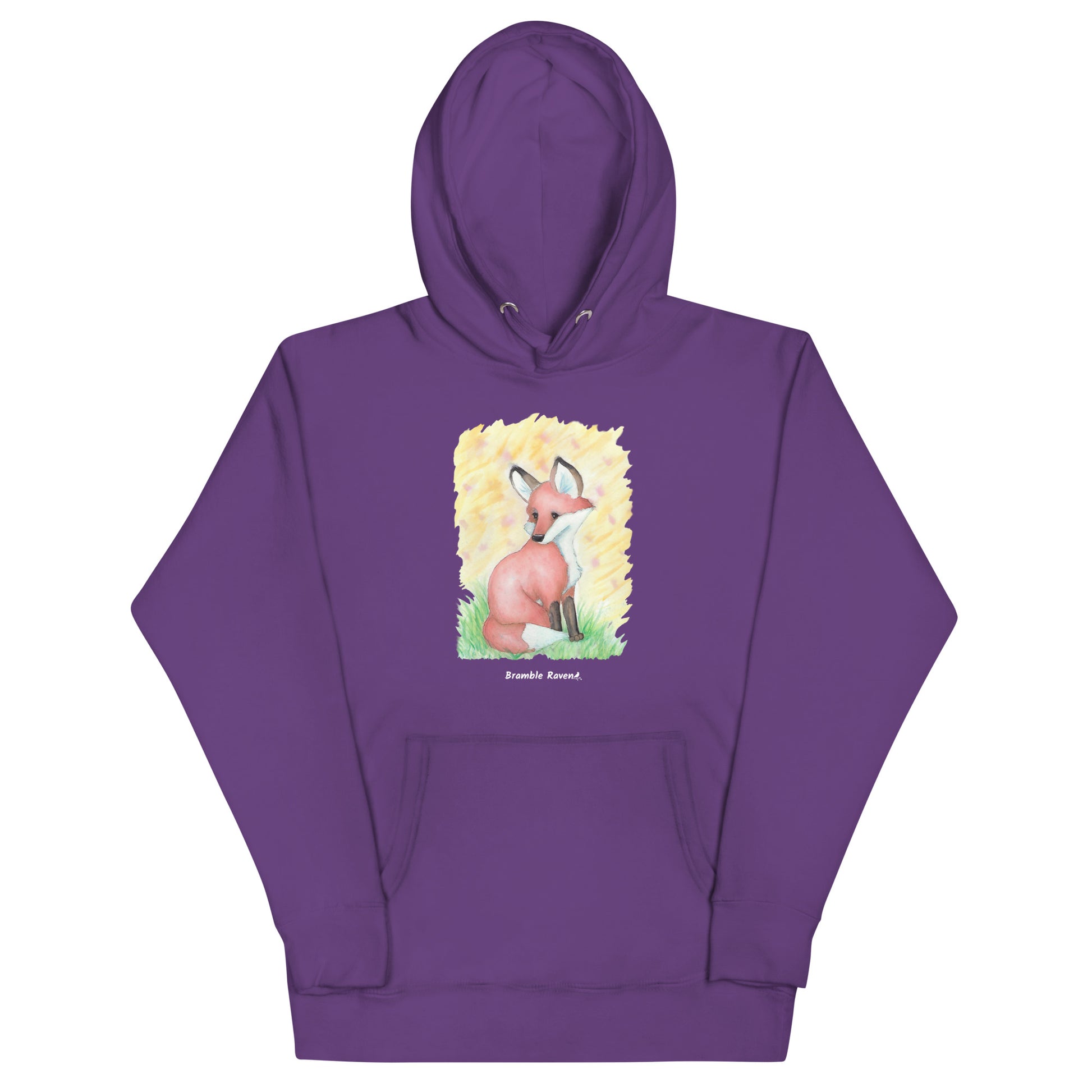 Unisex purple colored hoodie. Features original watercolor painting of a fox in the grass against a yellow backdrop.