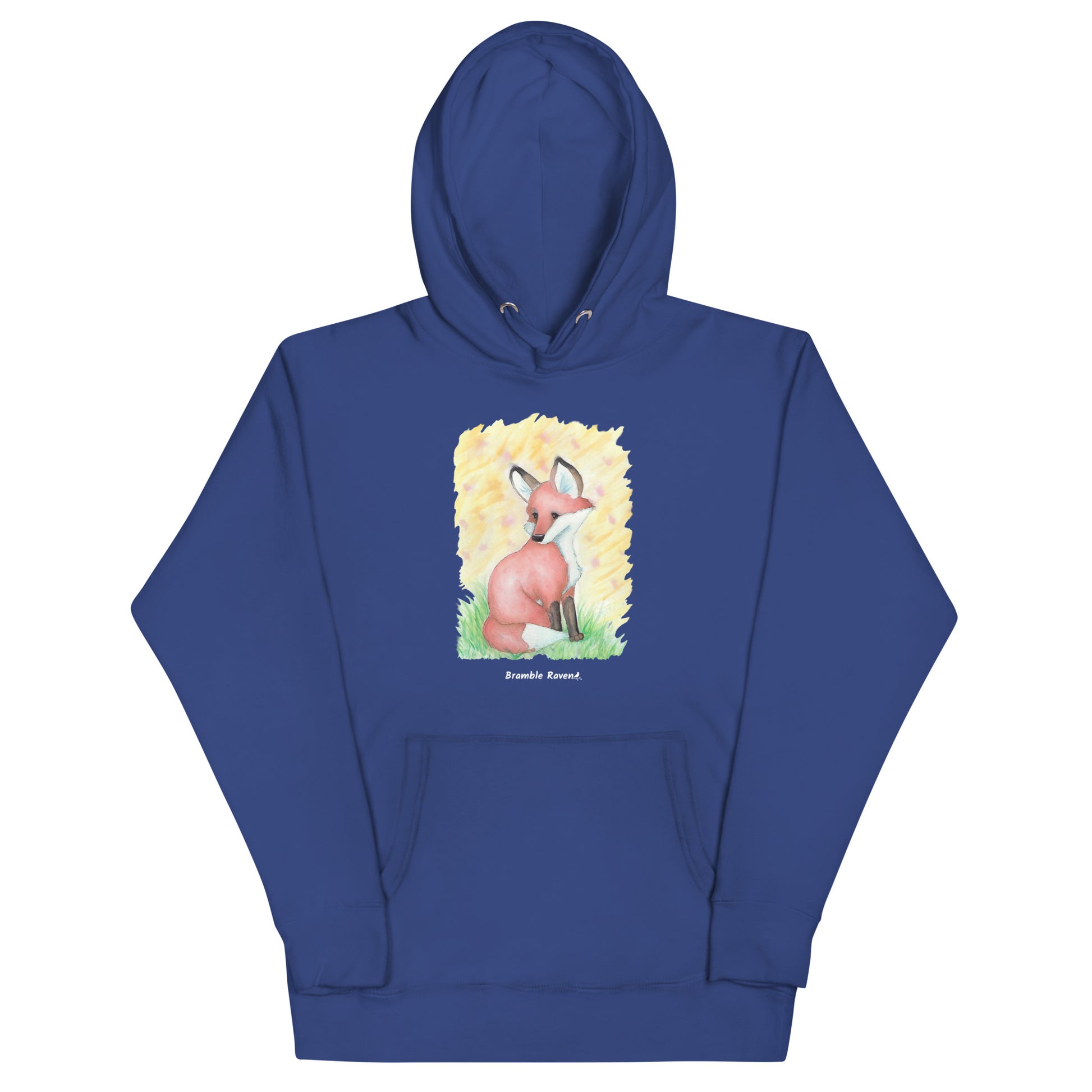 Unisex royal blue colored hoodie. Features original watercolor painting of a fox in the grass against a yellow backdrop.