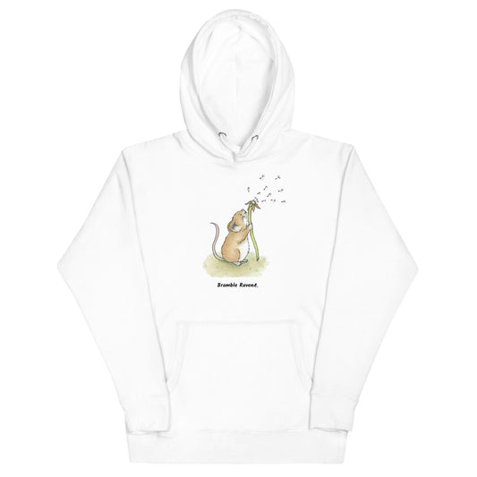 Original Dandelion wish design of cute watercolor mouse blowing dandelion seeds  featured on unisex white colored hoodie.