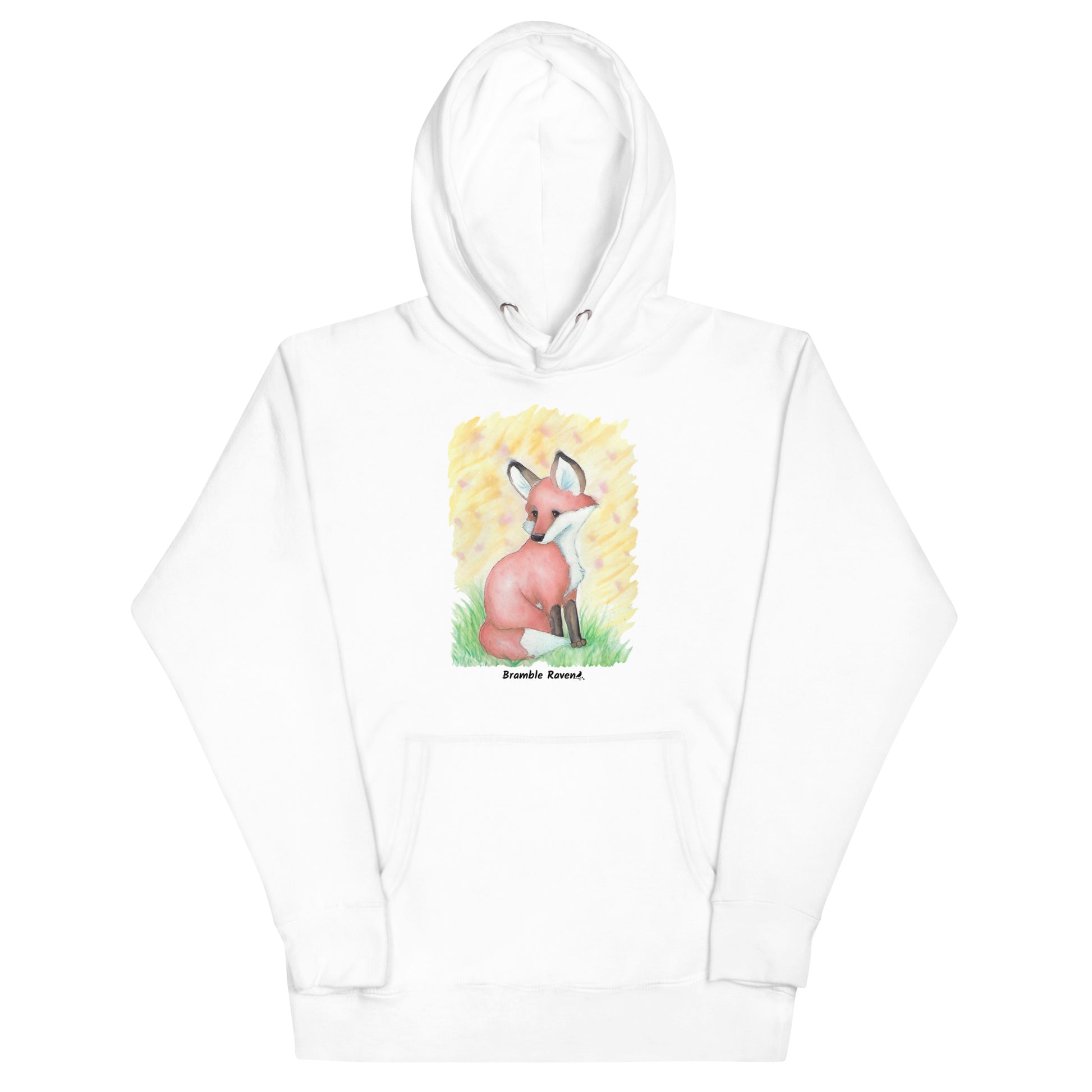 Unisex white colored hoodie. Features original watercolor painting of a fox in the grass against a yellow backdrop.