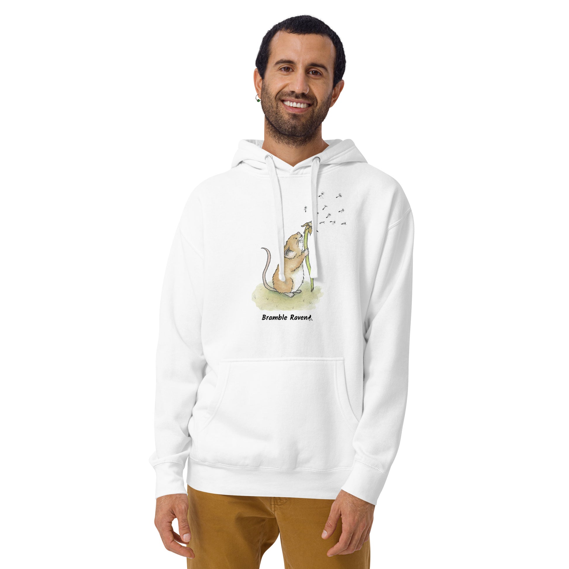 Original Dandelion wish design of cute watercolor mouse blowing dandelion seeds  featured on unisex white colored hoodie shown on male model