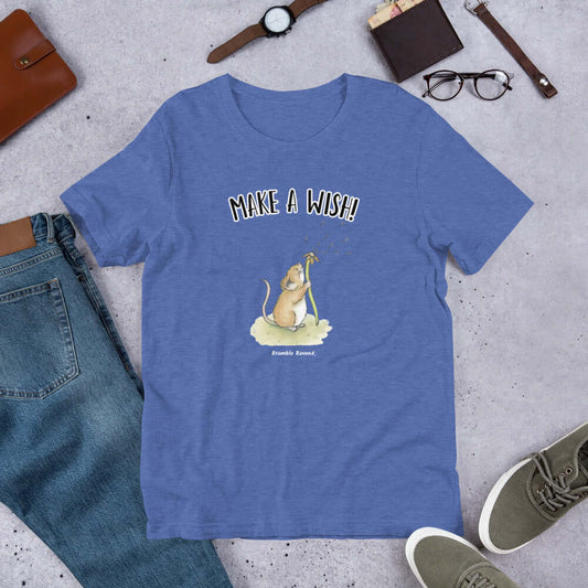 Original Dandelion Wish design of cute watercolor mouse blowing dandelion seeds.  Make a wish phrase on the top. Shown on unisex heather royal blue t-shirt.