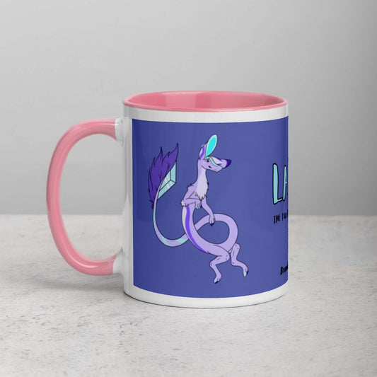 11 ounce white ceramic mug. Pink inside and handle. Features double-sided image of Layla the Lavender Fuzzy Noodle Dragon. Shown on tabletop.