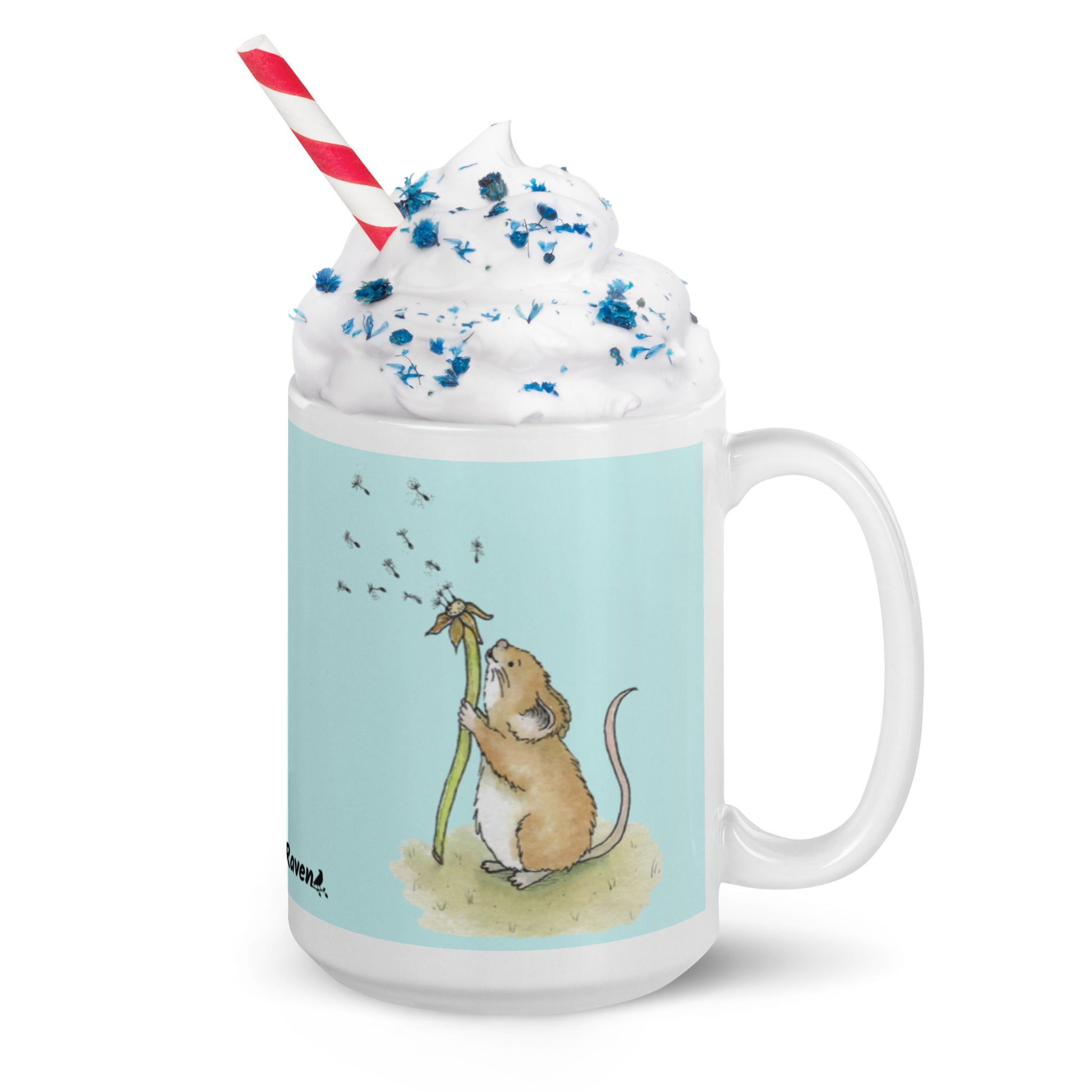Two-sided image of original Dandelion wish design of cute watercolor mouse blowing dandelion seeds  featured on 15 ounce mug with light blue background. Handle facing right.